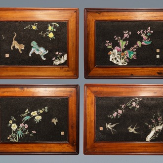Four Chinese famille rose black gravel-embellished plaques, Qianlong